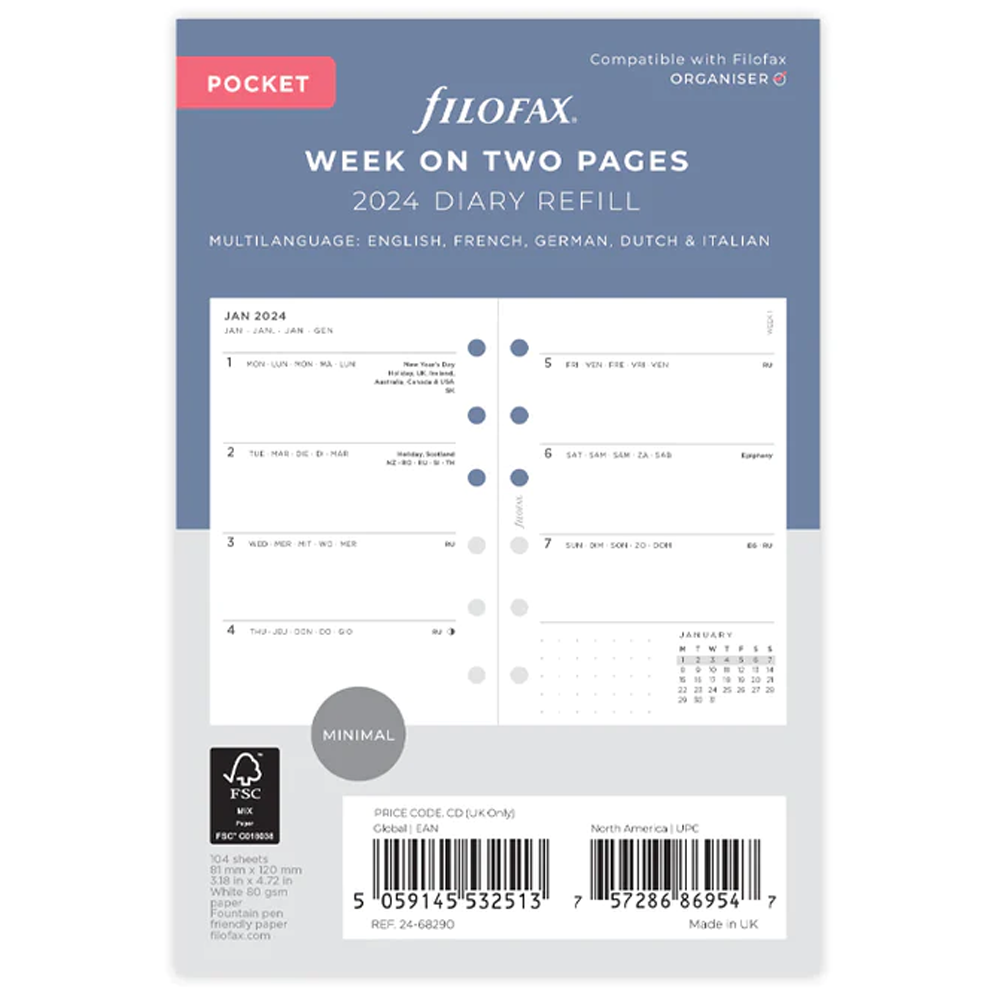 Filofax 2024 Pocket Minimal Week on Two Pages - Multilanguage